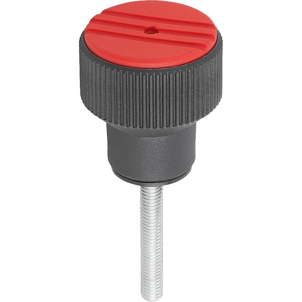 Torque Knurled Knob Size:3 D=M08X40, Thermoplastic Black Ral7021, Comp:Steel, Cap:Red Ral3020